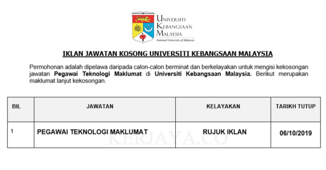 Universiti Kebangsaan Malaysia ~ Pegawai Teknologi Maklumat