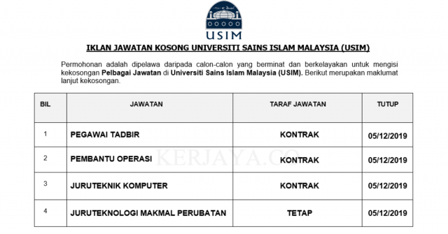 Universiti Sains Islam Malaysia (USIM) ~ Kekosongan Jawatan Pentadbiran & Pengurusan