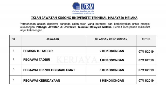 Universiti Teknikal Malaysia Melaka ~ Pelbagai Kekosongan Jawatan