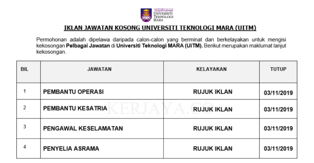 Universiti Teknologi MARA (UiTM) ~ Pembantu Operasi, Penyelia Asrama, Pengawal Keselamatan & Pelbagai