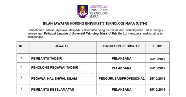 Universiti Teknologi Mara (UiTM) ~ Kekosongan Jawatan Akademik & Pentadbiran