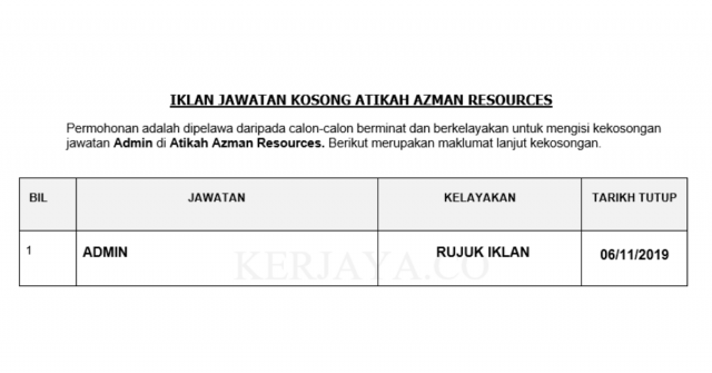 Admin / Online Sales Di Atikah Azman Resources