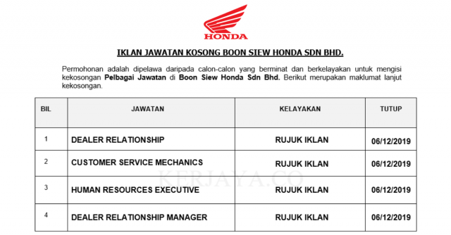 Boon Siew Honda ~ Eksekutif Sumber Manusia, Khidmat Pelanggan & Pelbagai Jawatan