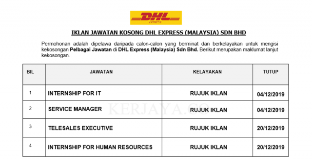DHL Express ~ Internship for IT, Telesales Executive & Pelbagai Jawatan