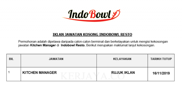 Indobowl Resto ~ Kitchen Manager