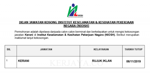 Institut Keselamatan & Kesihatan Pekerjaan Negara (NIOSH) ~ Kerani