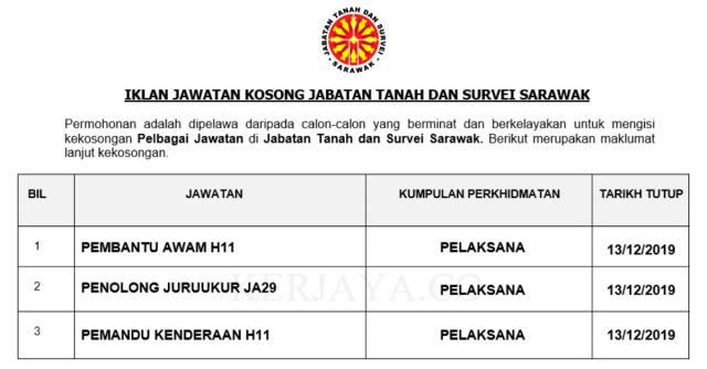 Jabatan Tanah dan Survei Sarawak ~ Pembantu Awam, Penolong Juruukur & Pemandu Kenderaan
