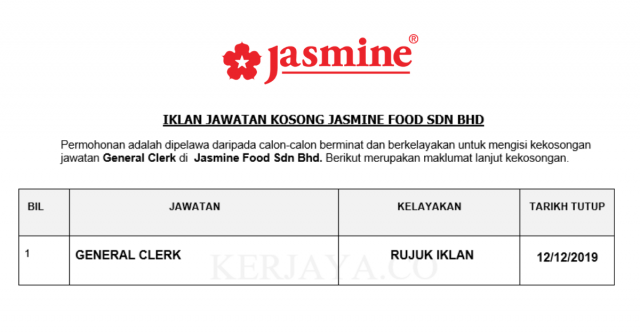 Jasmine Food ~ General Clerk