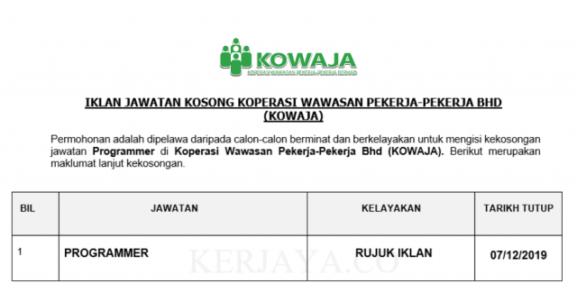 Koperasi Wawasan Pekerja-Pekerja Bhd (KOWAJA) ~ Programmer