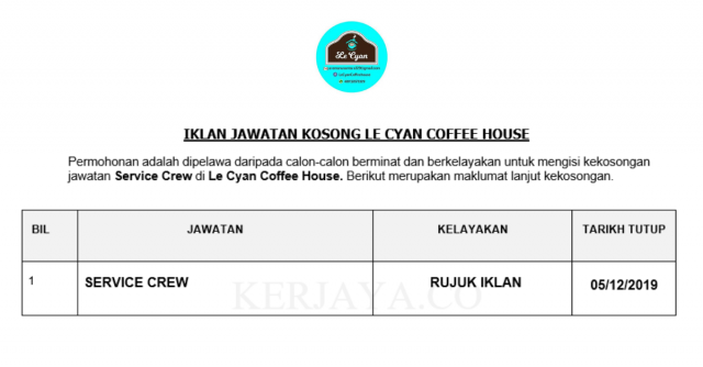 Service Crew Le Cyan Coffee House