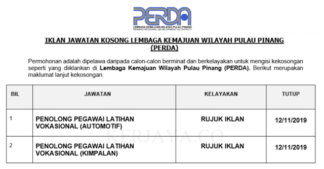 Lembaga Kemajuan Wilayah Pulau Pinang (PERDA) ~ Penolong Pegawai Latihan Vokasional (Automotif & Kimpalan)