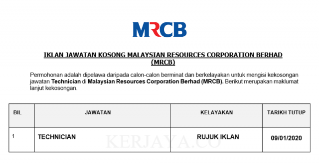 Malaysia Resources Corporation Berhad (MRCB) ~Technician