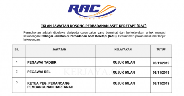 Perbadanan Aset Keretapi (RAC) ~ Pegawai Tadbir, Pegawai Rel &Ketua Pegawai Perancangan Pembangunan Hartanah