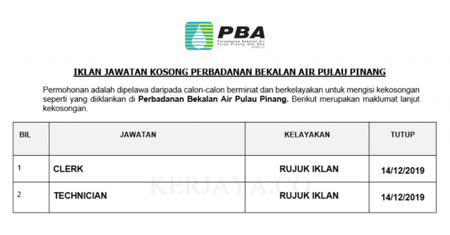 Perbadanan Bekalan Air Pulau Pinang ~ Kerani & Juru Teknik