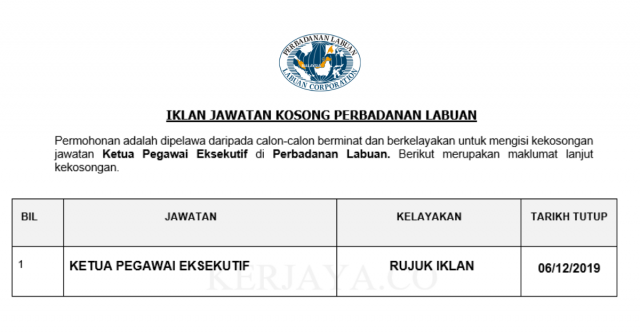 Perbadanan Labuan ~ Ketua Pegawai Eksekutif
