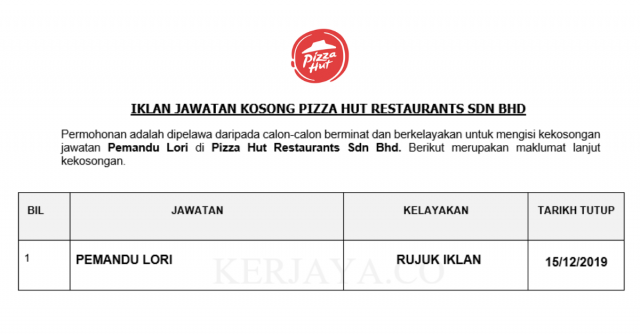 Pizza Hut Restaurants ~ Pemandu Lori