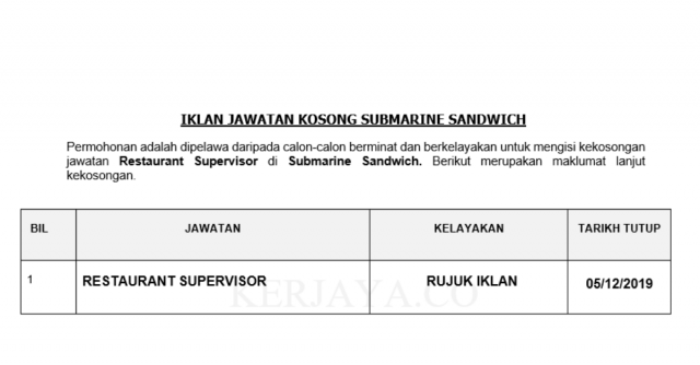 Submarine Sandwich ~ Restaurant Supervisor