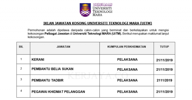 Universiti Teknologi MARA (UiTM) ~ Kerani, Pegawai Khidmat Pelanggan, Pembantu Belia Dan Sukan & Pelbagai Jawatan Pentadbiran & Pengurusan