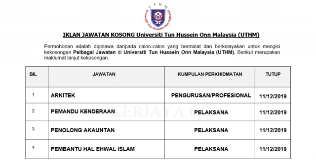 Universiti Tun Hussein Onn Malaysia (UTHM) ~ Pembantu Hal Ehwal Islam, Arkitek & Pelbagai Jawatan Lain