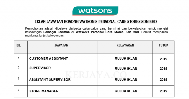 Temuduga Terbuka Watson’s Personal Care Stores  ~ Customer Service Assistant, Supervisor, Assistant Supervisor & Pelbagai Jawatan Lain