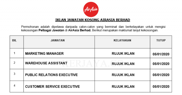 AirAsia Berhad ~ Customer Service Executive, Warehouse Assistant & Pelbagai Jawatan