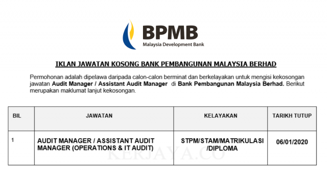 Bank Pembangunan Malaysia Berhad ~ Audit Manager / Assistant Audit Manager