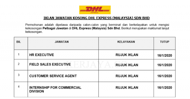 DHL Express ~ HR Executive, Customer Service Agent & Pelbagai Jawatan Lain