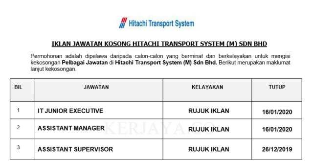 Hitachi Transport System ~ Pelbagai Kekosongan Jawatan