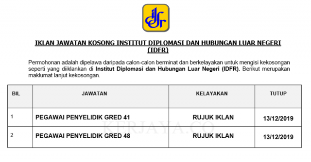 Institut Diplomasi dan Hubungan Luar Negeri (IDFR) ~ Pegawai Penyelidikan