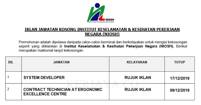 Institut Keselamatan & Kesihatan Pekerjaan Negara (NIOSH) ~ System Developer & Contract Technician at Ergonomic Excellence Centre