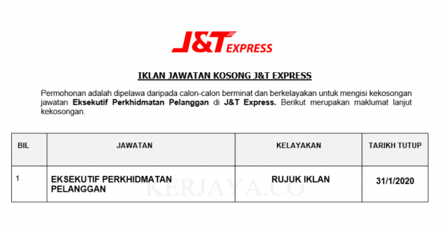 J&T Express ~ Eksekutif Perkhidmatan Pelanggan