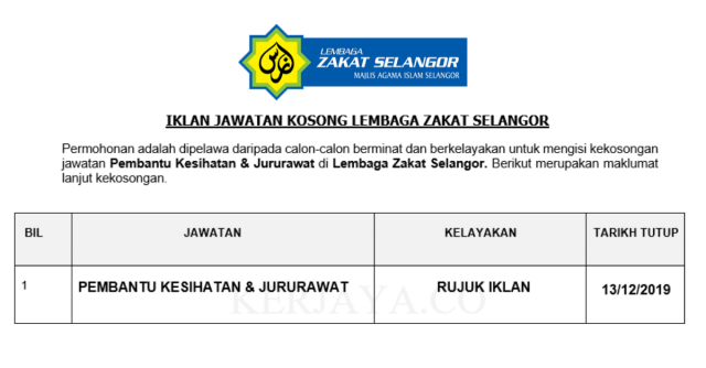 Lembaga Zakat Selangor ~ Pembantu Kesihatan & Jururawat