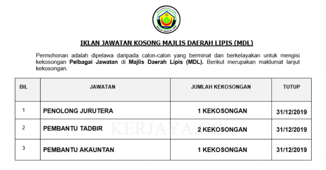 Majlis Daerah Lipis ~ Kekosongan Jawatan Pentadbiran & Pengurusan