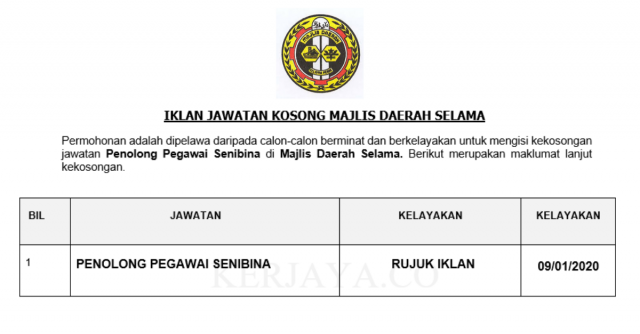 Majlis Daerah Selama ~ Penolong Pegawai Senibina