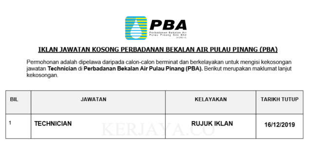 Perbadanan Bekalan Air Pulau Pinang (PBA) ~ Technician