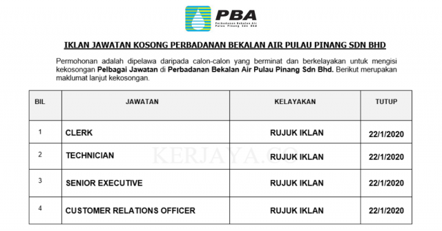 Perbadanan Bekalan Air Pulau Pinang ~ Pelbagai Kekosongan Baru 2020