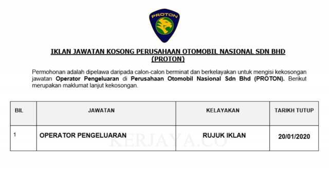 Perusahaan Otomobil Nasional Sdn Bhd (PROTON) ~ Operator Pengeluaran