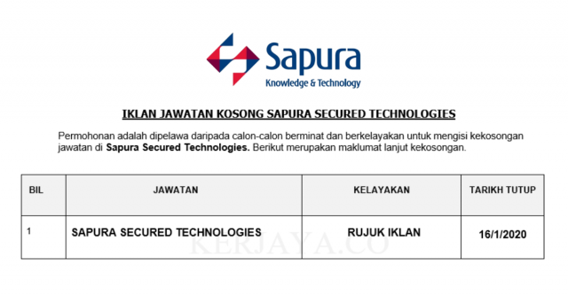 Sapura Secured Technologies ~ Pelbagai Kekosongan Jawatan