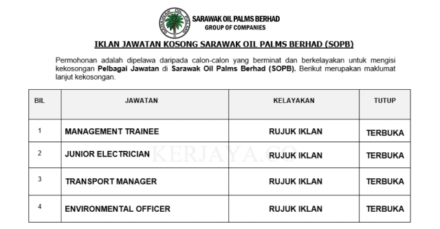 Sarawak Oil Palms Berhad (SOPB) ~ Pelbagai Kekosongan Jawatan