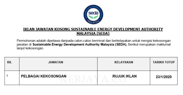 Sustainable Energy Development Authority Malaysia (SEDA) ~ Pelbagai Kekosongan Jawatan