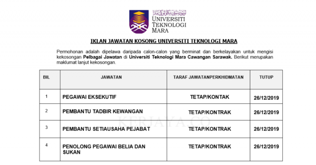 Universiti Teknologi Mara ~ Pembantu Setiausaha Pejabat, Pembantu Tadbir Kewangan, Pen.Peg Belia & Sukan & Pelbagai Jawatan