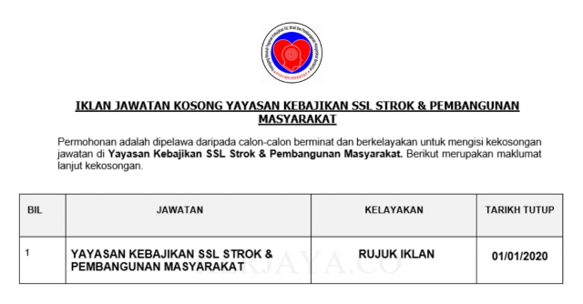Yayasan Kebajikan SSL Strok & Pembangunan Masyarakat ~ Pelbagai Jawatan