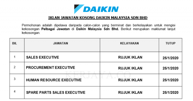Daikin Malaysia ~ Pelbagai Kekosongan Jawatan