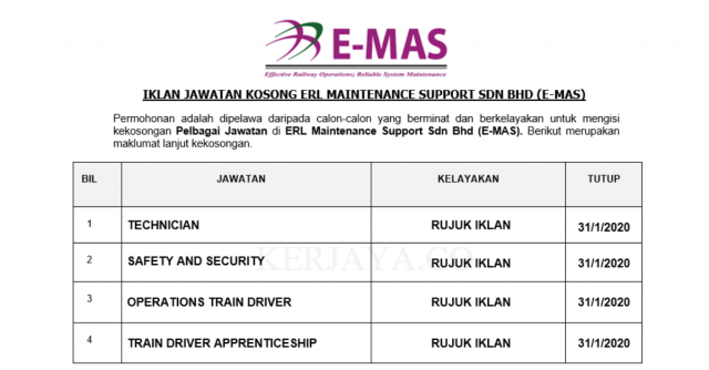 ERL Maintenance Support  ~ Pelbagai Kekosongan Baru 2020