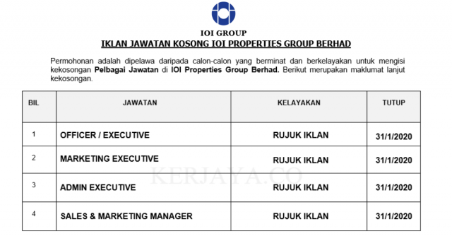 IOI Properties Group Berhad ~ Pelbagai Kekosongan Jawatan