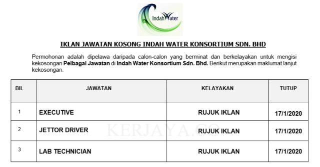 Indah Water Konsortium ~ Executive, Jettor Driver & Lab Technician
