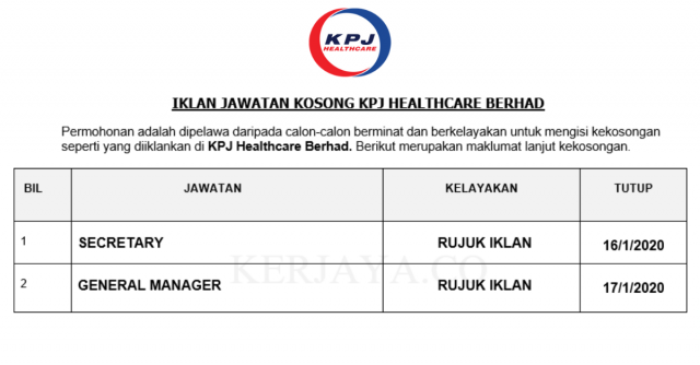 KPJ Healthcare Berhad ~ Secretary & General Manager