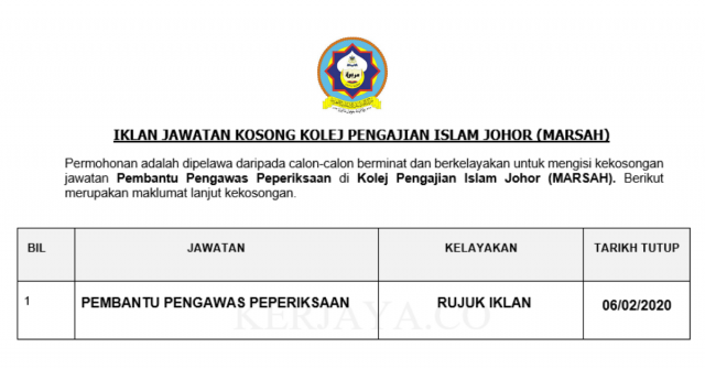 Kolej Pengajian Islam Johor (MARSAH) ~ Pembantu Pengawas Peperiksaan