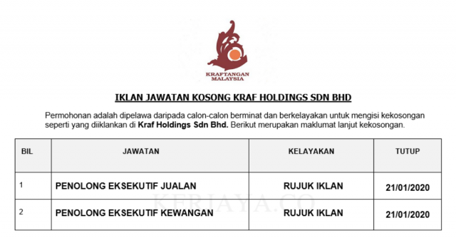 Kraf Holdings ~ Penolong Eksekutif Kewangan & Jualan