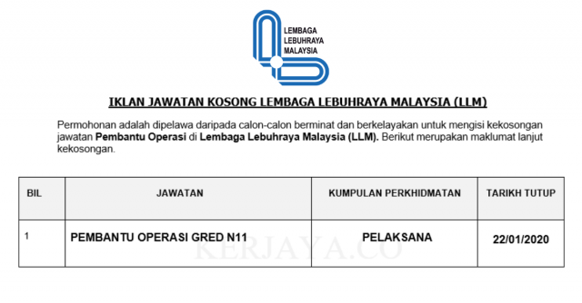 Lembaga Lebuhraya Malaysia (LLM) ~ Pembantu Operasi